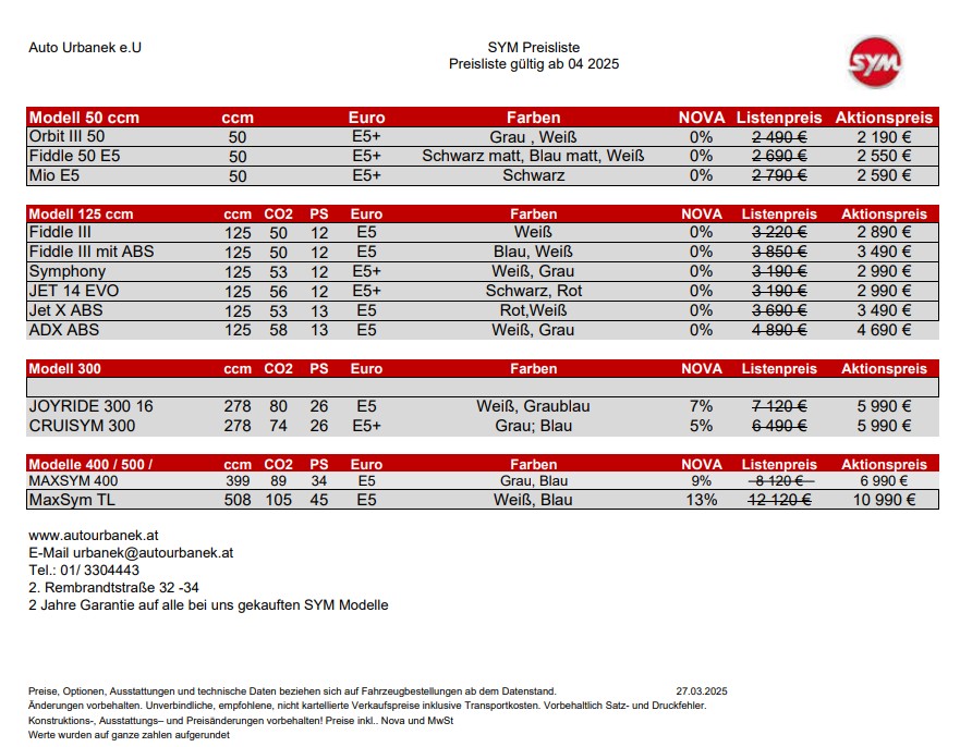 Preisliste Sym