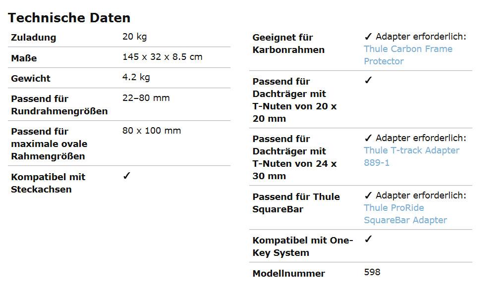Thule ProRide Technischedaten